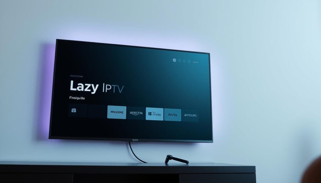 A modern and minimalist installation of Lazy IPTV software on a sleek, black smart TV screen. The display shows the Lazy IPTV user interface, with clean lines, intuitive icons, and a sophisticated color palette of grays, blues, and whites. Ambient lighting casts a soft glow, creating a calming, technological atmosphere. The scene is photographed from a slightly elevated angle, giving a sense of depth and showcasing the TV's thin, bezel-less design. The overall impression is one of simplicity, elegance, and ease of use - inviting the viewer to imagine the seamless experience of setting up and navigating Lazy IPTV on their own smart TV.