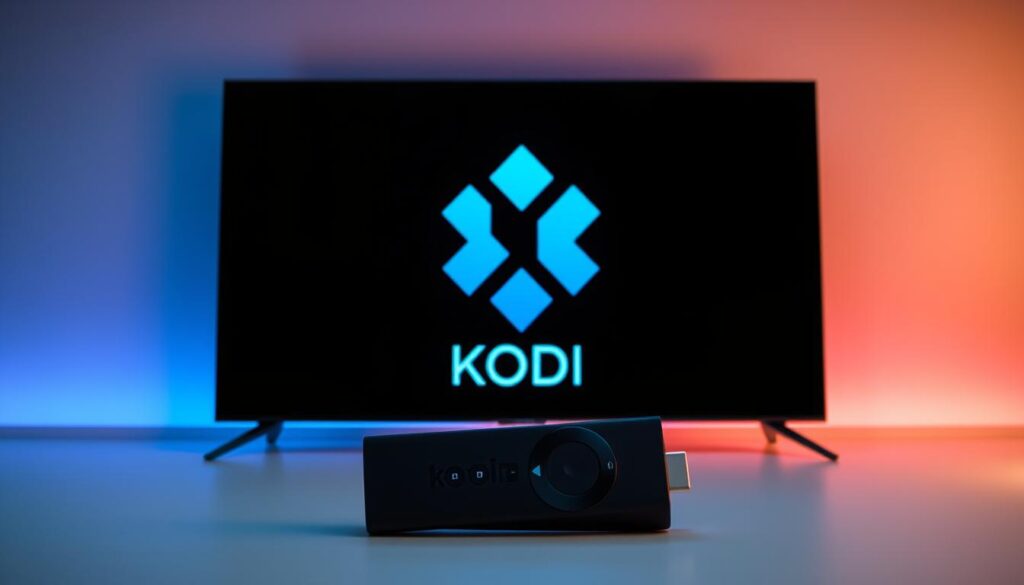 A modern high-definition digital display showcasing the Kodi logo prominently in the center, surrounded by a minimalist design layout. The Kodi icon is rendered in vibrant, eye-catching colors that command attention. In the foreground, a realistic Amazon Firestick device is positioned, conveying the integration and compatibility between the two technologies. The background features a soft, subtle gradient that complements the overall sleek and contemporary aesthetic. Crisp, professional lighting accentuates the clean lines and smooth surfaces, creating a visually striking and informative image.