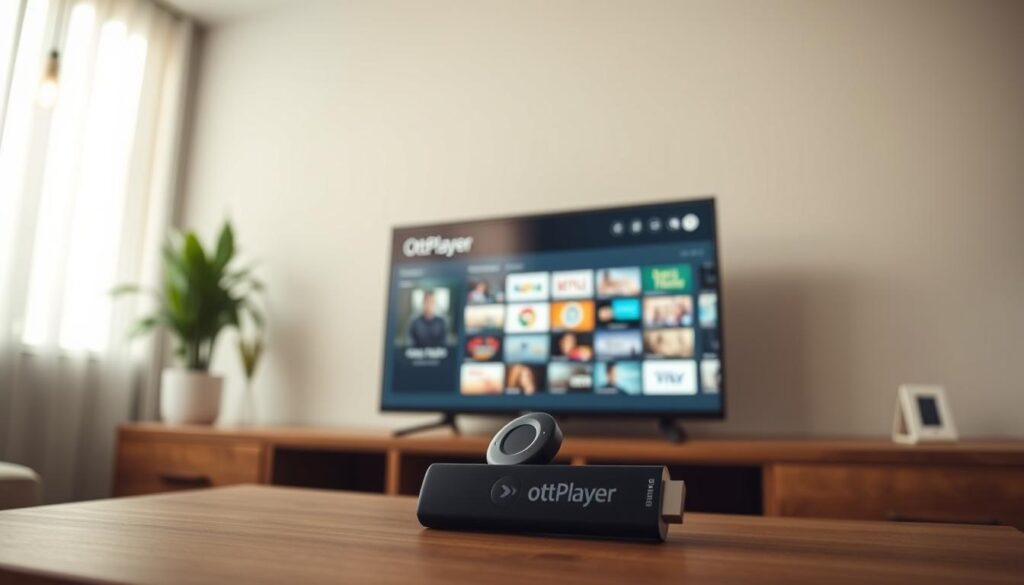 A modern home entertainment setup featuring a sleek black Amazon Firestick device prominently displayed on a wooden media console. The Firestick's screen displays the OttPlayer user interface, showcasing its intuitive menu and content selection options. Soft, diffused lighting illuminates the scene, creating a warm and inviting atmosphere. The composition emphasizes the Firestick's integration into the living space, highlighting its seamless functionality for streaming and media consumption. The image conveys the ease and simplicity of installing and using OttPlayer on the Firestick device.