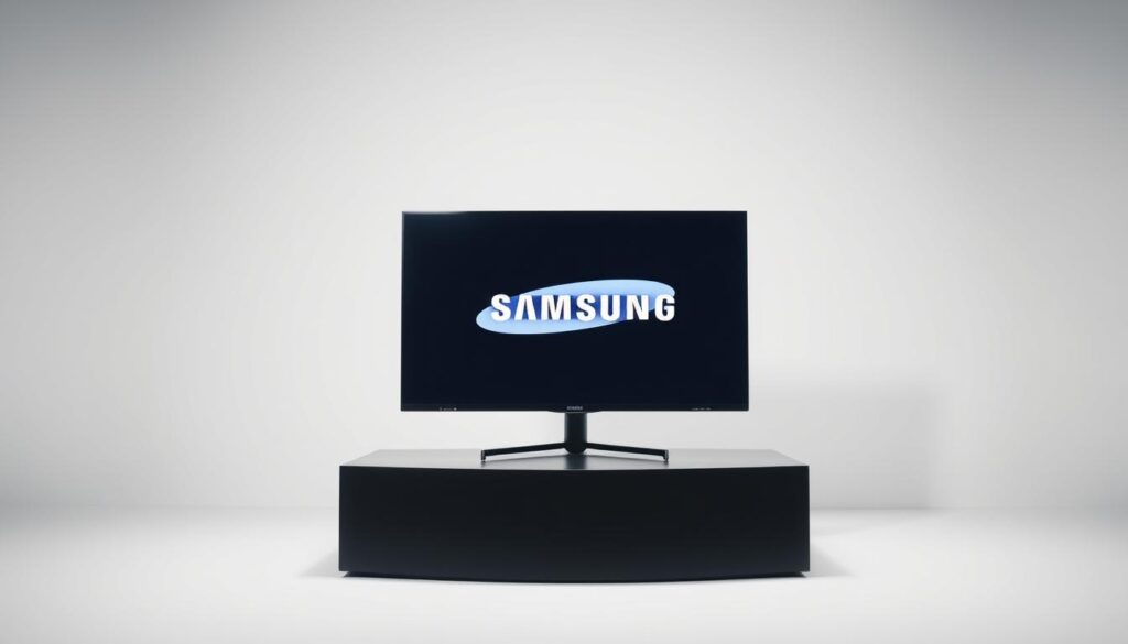 A modern, minimalist Samsung Smart TV displayed in a well-lit studio setting. The TV screen shows the Samsung logo and user interface, highlighting its compatibility and connectivity features. The TV is positioned on a sleek, black pedestal against a plain, white background, creating a clean and professional look. The lighting is soft and diffused, accentuating the TV's elegant design and high-quality display. The composition emphasizes the TV's central role, with a balanced and symmetrical layout that conveys a sense of technological sophistication and user-friendliness.