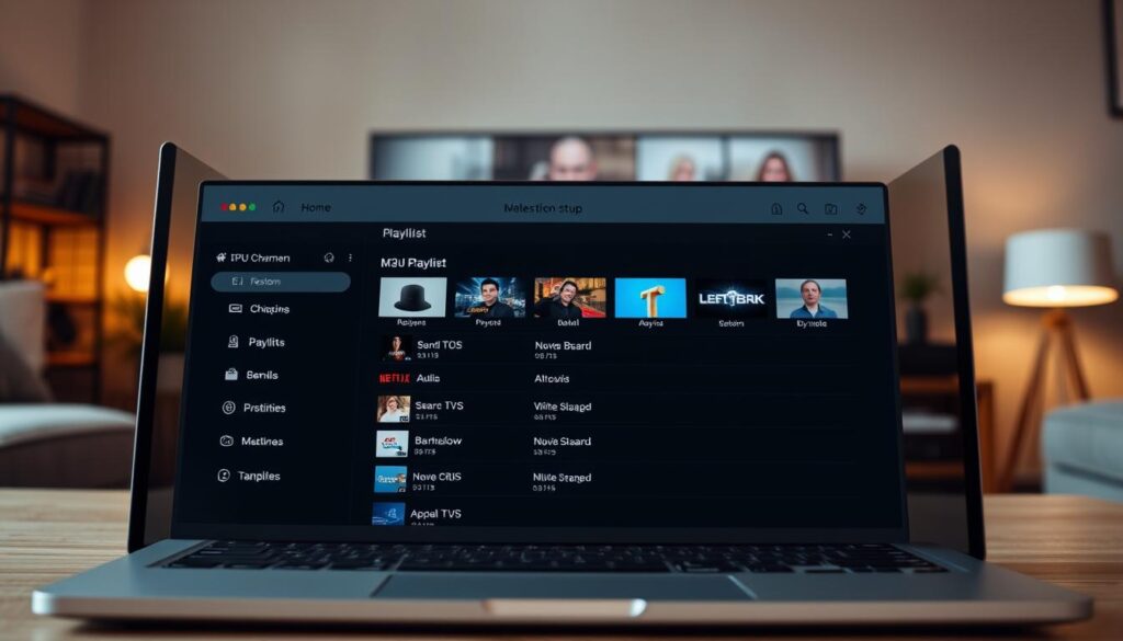 A modern, minimalist dashboard displaying a well-organized M3U playlist configuration. The foreground features a laptop or tablet screen showcasing the playlist setup, with clean, intuitive UI elements and neatly arranged channels. The middle ground depicts a smart TV or streaming device, seamlessly integrated into the setup. The background subtly suggests a cozy, tech-savvy home environment, with warm lighting and hints of contemporary decor. The overall mood is one of efficiency, clarity, and the smooth integration of IPTV technology into the user's living space.