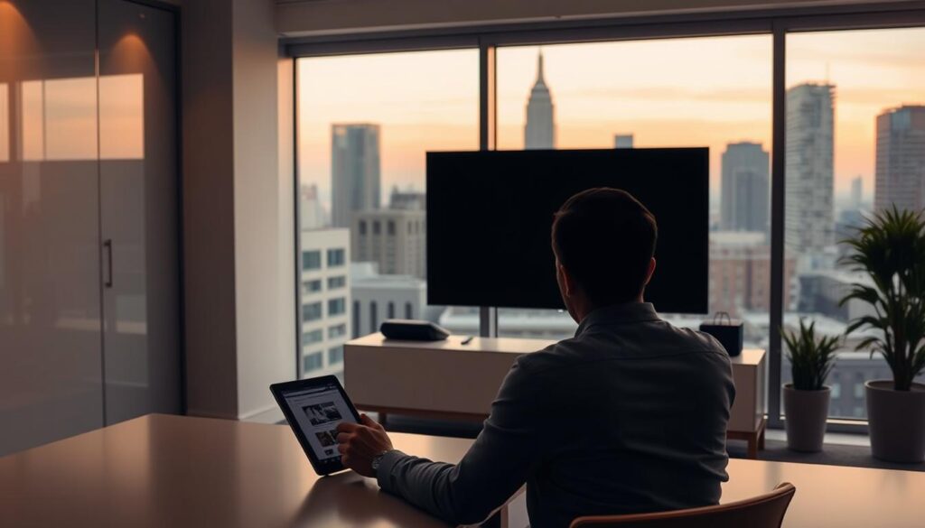 A modern, minimalist office space with a sleek Samsung Smart TV mounted on the wall. In the foreground, a person is sitting at a desk, intently studying a tablet screen. The lighting is soft and warm, creating a focused, problem-solving atmosphere. In the background, a large window overlooking a city skyline provides a calming, urban backdrop. The scene conveys a sense of diligently troubleshooting technical issues with the OttPlayer software on the Samsung TV, with the person seeking solutions to ensure a seamless viewing experience.