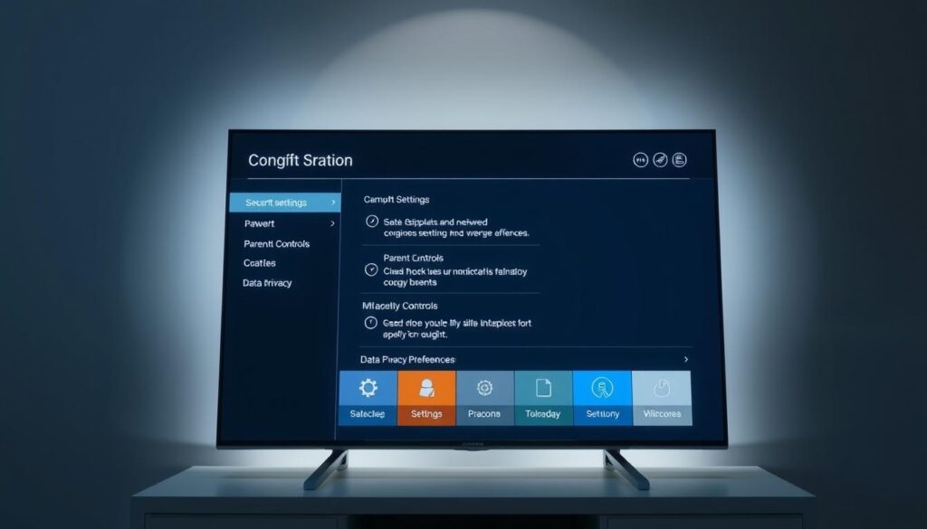 A modern, sleek Smart TV interface with a focus on security settings. The screen displays various configuration options, such as network settings, parental controls, and data privacy preferences. Minimalist icons and a clean, high-contrast UI design create an intuitive, user-friendly experience. Soft, indirect lighting from above illuminates the display, creating a sense of depth and emphasizing the various menus and options. The TV is positioned on a modern, low-profile entertainment stand, allowing the screen to be the center of attention. The overall mood is one of professionalism, control, and technological sophistication.