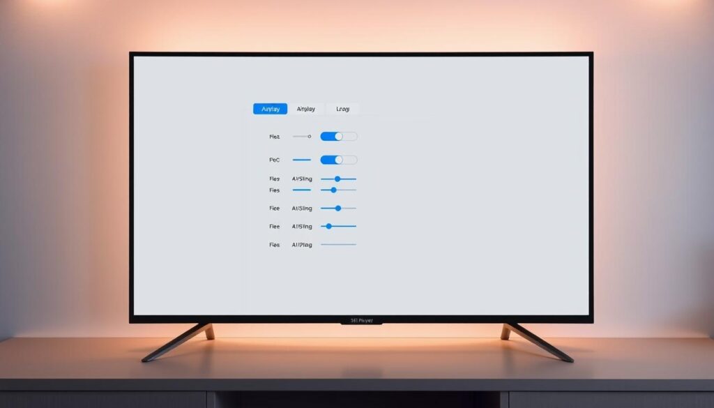 A modern, sleek configuration panel for the 5KPlayer app on a high-resolution display. The interface shows a series of toggles, sliders, and dropdown menus against a minimalist grey background, allowing the user to fine-tune Airplay settings. Subtle blue accents highlight the active controls. The layout is clean and organized, with ample white space for easy navigation. The overall aesthetic conveys a sense of technological sophistication and user-friendly design. Soft, indirect lighting casts a warm glow across the scene, creating depth and dimension.