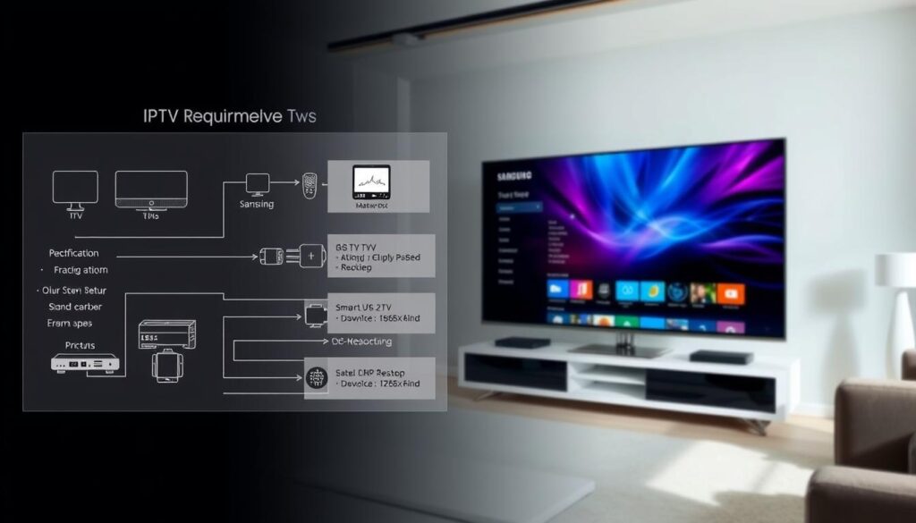 A modern, sleek home entertainment setup with a Samsung Smart TV at the center. In the foreground, a detailed technical diagram showcases the requirements for IPTV Extreme, including device specifications, network setup, and software configurations. The diagram is rendered in a crisp, high-contrast style, with clean lines and precise labeling. The middle ground features the Samsung Smart TV itself, captured from a slightly elevated angle, its screen displaying a vivid, immersive IPTV interface. The background depicts a minimalist living room interior, with subtle lighting and neutral tones that complement the technological focus of the image. An overall sense of simplicity, efficiency, and user-friendliness permeates the scene.
