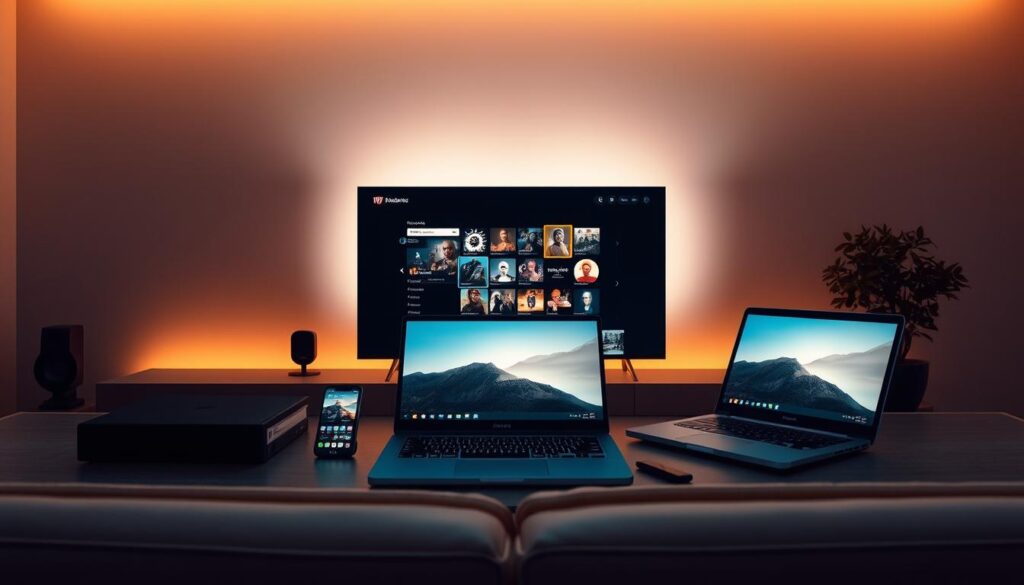 A modern, sleek setup featuring a variety of connected devices - a smartphone, tablet, laptop, and smart TV - seamlessly integrated for a comprehensive multimedia experience. The devices are arranged in a visually appealing, symmetrical layout, bathed in warm, indirect lighting that creates a sense of harmony and cohesion. The scene conveys the ease and convenience of cross-platform compatibility, with a subtle, futuristic aesthetic that reflects the cutting-edge nature of the technology. The overall composition is balanced, with clean lines and a minimalist color palette that emphasizes the interconnectivity of the devices.