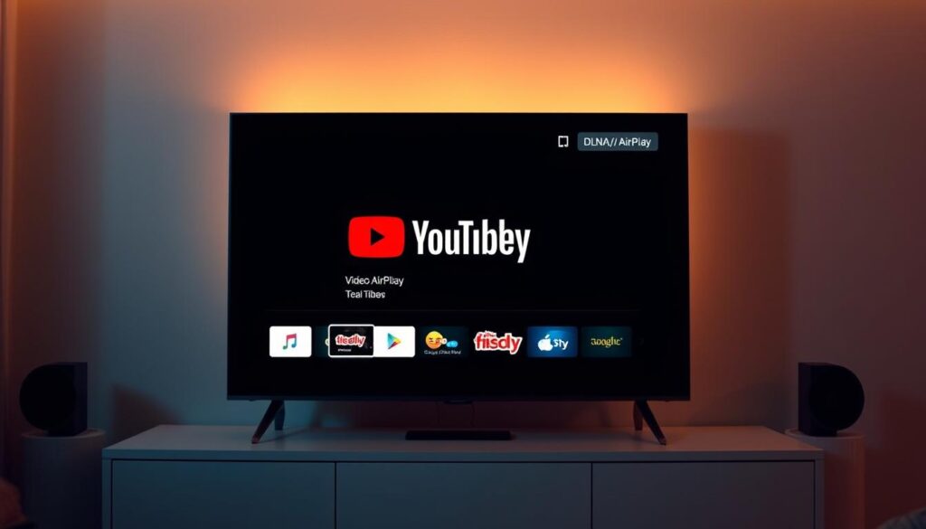 A modern smart TV displaying a simplified DLNA/AirPlay interface with intuitive icons and a minimalist layout. The screen shows the YouTube logo, indicating the ability to seamlessly stream content from the popular video platform. The scene is bathed in warm, subtle lighting, creating a cozy and inviting atmosphere. The TV is positioned on a clean, uncluttered entertainment unit, allowing the display to be the focal point. The overall composition emphasizes the ease and convenience of using DLNA and AirPlay to access a wide range of multimedia content on the big screen.