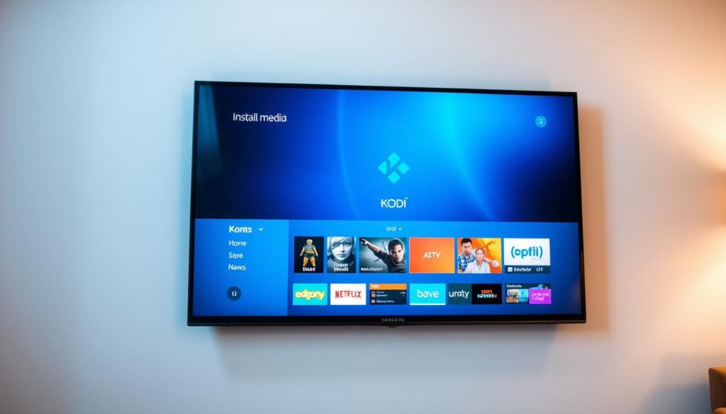 A modern smart TV displaying the Kodi media center interface on its screen. The TV is mounted on a white wall, with a clean, minimalist aesthetic. The interface shows the Kodi home screen, highlighting the various media categories and options available. The scene is well-lit, with soft, indirect lighting casting a warm glow over the setup. The TV's sleek, thin bezel complements the modern design, and the overall composition emphasizes the simplicity and user-friendliness of the Kodi installation process on a Samsung Smart TV.