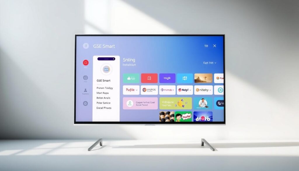 A modern smart TV screen displaying the GSE Smart app interface, showcasing its intuitive layout and user-friendly design. The screen is positioned in the foreground, with a sleek and minimalist aesthetic. The background features a blurred, gradient-based backdrop, creating a sense of depth and emphasizing the app's visual prominence. The lighting is soft and natural, highlighting the TV's sharp display and the app's vibrant colors. The overall composition conveys a sense of ease and accessibility, reflecting the section's focus on the straightforward installation process.