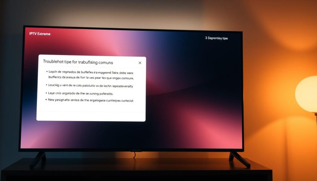 A modern smart TV screen displaying the IPTV Extreme interface, with a central popup window highlighting troubleshooting tips for common buffering issues. The screen is bathed in a warm, calming glow, reflecting the user's focus on resolving the technical problem at hand. The popup provides clear, step-by-step guidance, with icons and visual cues to aid comprehension. The overall composition conveys a sense of reassurance and problem-solving, suitable for the "Solución de problemas comunes" section of the IPTV installation guide.