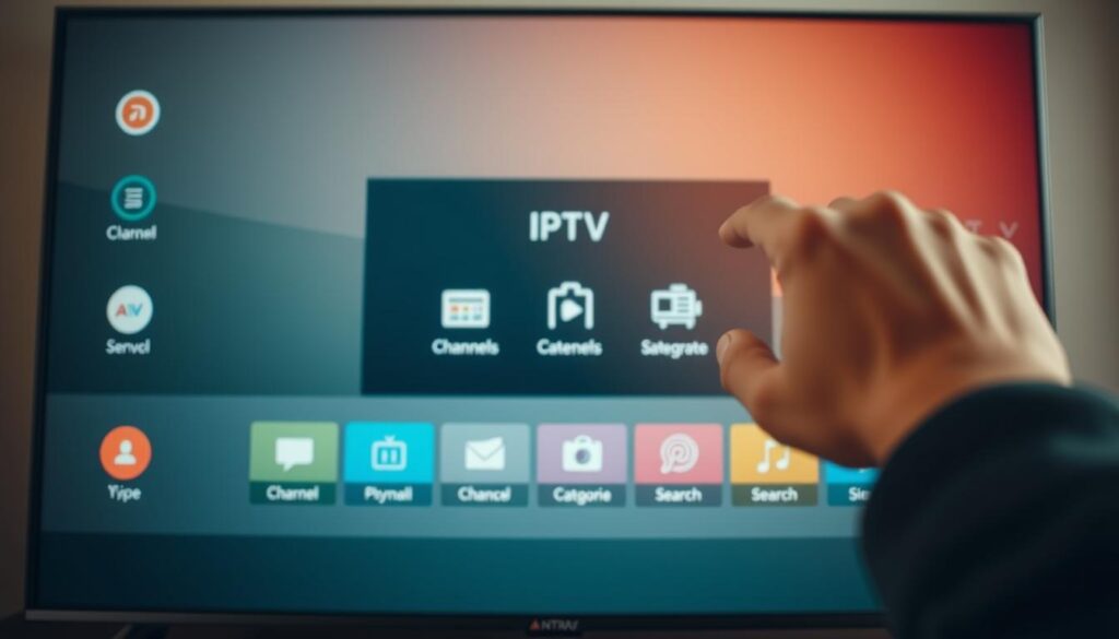 A modern smart TV screen displaying the process of installing an IPTV app. In the foreground, a hand navigates through the TV's menu, with sleek icons and intuitive UI elements. The middle ground showcases the IPTV app's interface, featuring a clean, minimalist design with clear options for channels, categories, and search. The background subtly blurs, emphasizing the focus on the installation steps. The lighting is soft and natural, creating a warm, inviting atmosphere. The overall scene conveys a sense of simplicity and ease, reflecting the user-friendly experience of setting up an IPTV player on a smart TV.