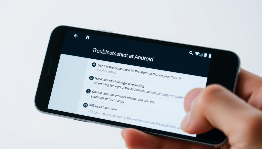 A modern smartphone displaying a troubleshooting guide for IPTV issues on Android, set against a minimalist white background. The screen shows step-by-step instructions and diagnostic information, with clear icons and intuitive navigation. The device is held in a hand, showcasing the user-friendly interface. Soft, diffused lighting highlights the sleek design, creating a sense of simplicity and clarity. The overall tone is informative and reassuring, guiding the viewer through common IPTV problems on Android with a clean, accessible aesthetic.