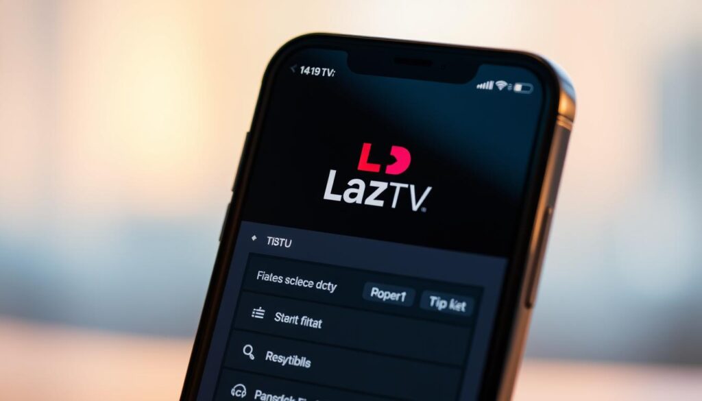 A modern smartphone screen displaying the Lazy IPTV app interface, showcasing a sleek and intuitive design. The app's logo prominently featured, complemented by a clean, minimalist layout with neatly organized menu options. The screen is illuminated by warm, natural lighting, creating a pleasant and inviting atmosphere. The device is positioned at a slightly elevated angle, highlighting the app's user-friendly experience. The background is blurred, keeping the focus on the app's key features and functionality.