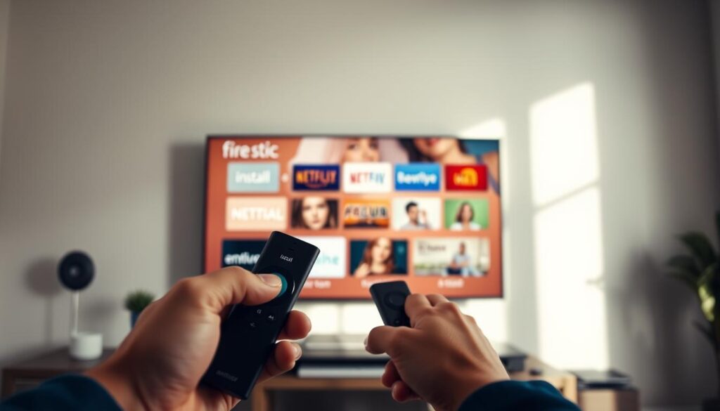 A modern, well-lit home interior with a TV mounted on the wall. In the foreground, a person's hands are navigating through the menus of a Fire TV Stick interface, highlighting the "Install" option. The background features other smart home devices like a voice assistant and wireless router, creating a seamless connected environment. The lighting is bright and natural, conveying a sense of efficiency and ease of use. The camera angle is slightly elevated, providing a clear view of the Fire TV Stick setup process.