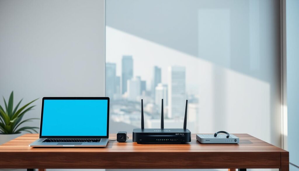 A modern, well-lit home office setup with a laptop, router, and various networking devices prominently displayed on a clean, wooden desk. The background features a sleek, minimalist wall with a large window overlooking a cityscape, allowing natural light to fill the space. The overall atmosphere conveys a sense of professionalism and technical expertise, suitable for illustrating the "Requisitos previos y preparación del entorno" section of the article on installing Windows IPTV Player on a Smart TV.