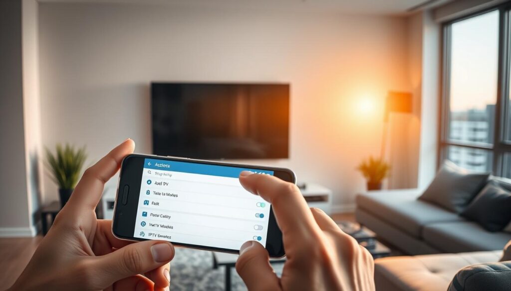 A modern, well-lit living room interior with a large flatscreen smart TV mounted on the wall. In the foreground, a person's hands are interacting with an Android smartphone, navigating the IPTV Smarters app interface. The smartphone screen is clearly visible, showcasing the app's main menu and setup options. The middle ground features a sleek, minimalist entertainment center with various connected devices. The background depicts large windows overlooking a cityscape, with warm, natural lighting filtering in. The overall scene conveys a sense of ease and simplicity in setting up an IPTV service on an Android-powered smart TV.