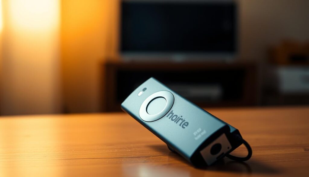 A neatly arranged still life composition featuring the Amazon Fire TV Stick, a streaming media player, against a warm and cozy background. The device is placed on a wooden surface, illuminated by soft, directional lighting from the side, casting subtle shadows. The overall scene exudes a sense of simplicity and functionality, reflecting the prerequisites for installing Kodi on the Fire Stick. The image should convey a sense of readiness and preparation, with a clean, uncluttered aesthetic to match the section title "Requisitos previos para la instalación".