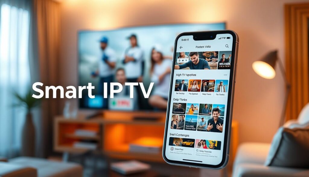 A neatly designed mobile app interface with a bold "Smart IPTV" title, set against a blurred background of a living room television. The app features a clean, modern aesthetic with intuitive navigation menus, high-quality video thumbnails, and sleek iconography. Soft, warm lighting casts a cozy glow, creating an inviting atmosphere for easy content discovery and streaming. The composition emphasizes the app's user-friendly experience, highlighting its suitability for smart TV integration and seamless home entertainment.
