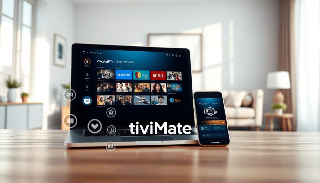 A serene and modern home office setup, with a laptop and smartphone prominently displaying the TiviMate IPTV interface. The room is filled with natural light, creating a warm and inviting atmosphere. In the foreground, various IPTV-related icons and visuals float alongside the devices, showcasing the intuitive and user-friendly features of the TiviMate platform. The middle ground features a stylized TiviMate logo, subtly integrated into the composition. The background depicts a minimalist, yet sophisticated interior design, emphasizing the seamless integration of technology into a comfortable living space. The overall impression conveys the benefits of using TiviMate for IPTV, including its ease of use, comprehensive features, and ability to enhance the home entertainment experience.