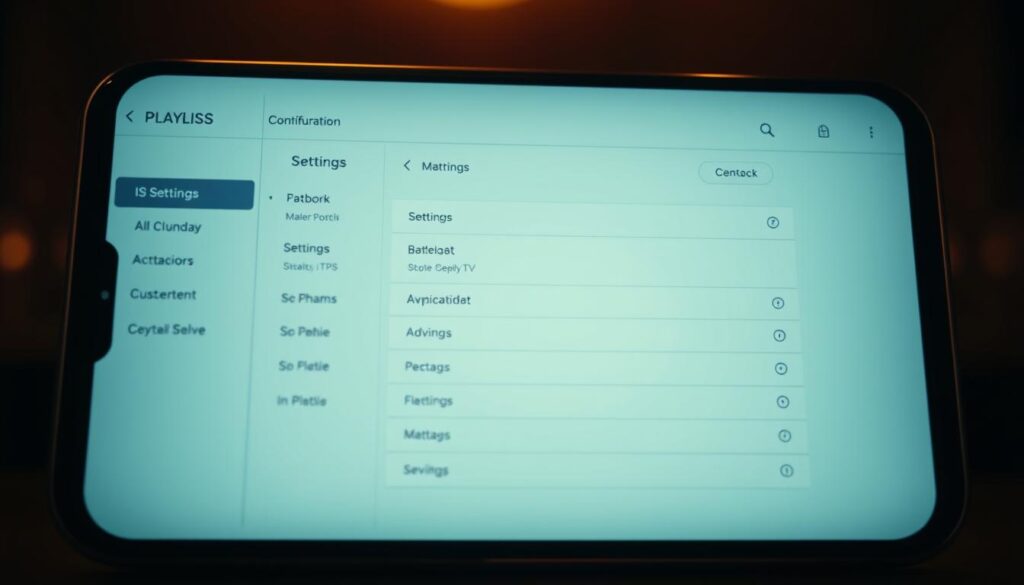 A sleek and intuitive Smart IPTV app interface, showcasing a well-organized playlist configuration screen. Crisp, high-resolution visuals depict a modern, minimalist design with clean typography and clearly labeled options. The screen is bathed in a warm, diffused lighting, creating a sense of depth and sophistication. The layout is structured with a central playlist panel, surrounded by settings menus and customization tools. Smooth gradients and subtle shadows add depth, while muted color palettes evoke a professional, tech-savvy aesthetic. The overall scene conveys a seamless, user-friendly experience for managing IPTV playlists on a smartphone or tablet.