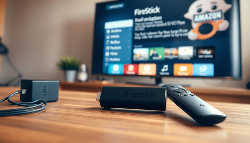 A sleek and modern Amazon FireStick device sits prominently on a wooden desk, its remote control and power adapter neatly arranged nearby. The FireStick's interface is displayed on a high-definition television screen, showcasing the device's setup menu and configuration options. Soft, warm lighting illuminates the scene, creating a cozy and inviting atmosphere. The composition emphasizes the FireStick's simplicity and user-friendliness, hinting at the effortless process of setting up the device for a smooth streaming experience.