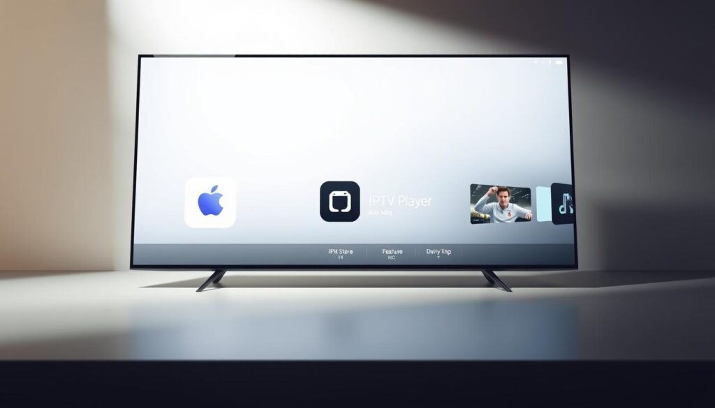 A sleek and modern App Store interface on a high-resolution display, showcasing the "IPTV Player" application in the center. The foreground features a clean, minimalist design with sharp edges and subtle gradients, drawing the viewer's attention to the app icon and name. The middle ground depicts a fluid, interactive user interface with intuitive touch gestures and smooth animations, inviting the user to explore the app's features. The background subtly fades into a neutral, sophisticated color palette, creating a sense of depth and emphasizing the app's prominence. Bright, directional lighting from the top left casts subtle shadows, enhancing the three-dimensional depth and lending a professional, high-quality look to the scene. The overall mood is one of sophistication, accessibility, and the seamless integration of technology into everyday life.
