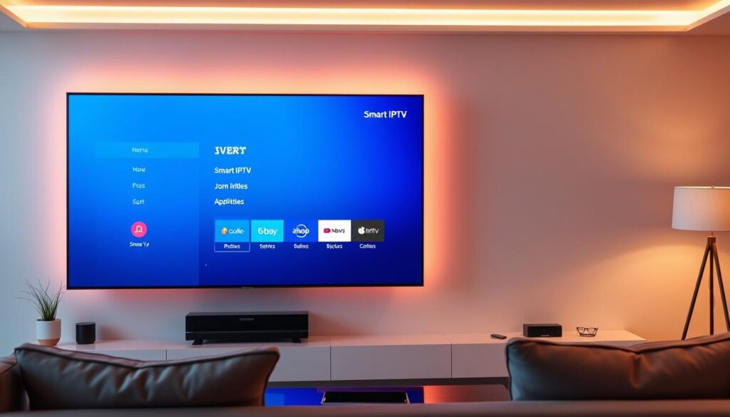 A sleek and modern Samsung Smart TV screen, displaying the Smart IPTV interface. The screen is illuminated by warm, ambient lighting, casting a soft glow on the device. The interface features clean, minimalist design with intuitive menu options and icons. The TV is situated in a well-appointed living room, with minimalist furniture and decor elements complementing the technological focus. The overall atmosphere is one of seamless integration between technology and home environment, inviting the viewer to explore the possibilities of Smart IPTV on a Samsung Smart TV.