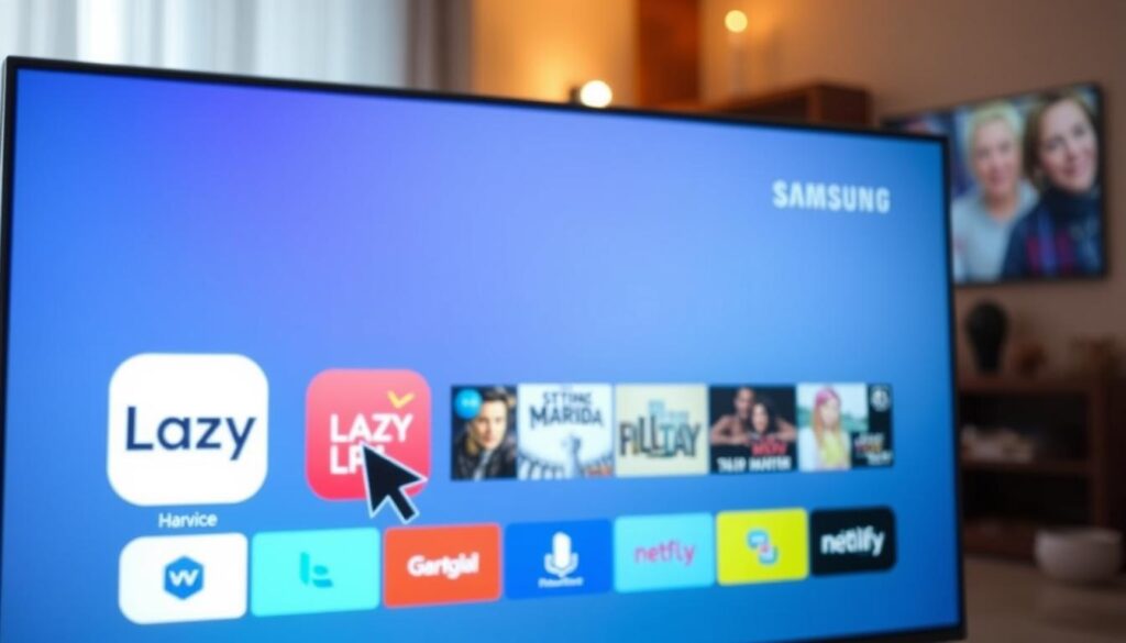 A sleek and modern Samsung Smart TV screen, its display illuminated with a vibrant user interface. In the foreground, a cursor hovers over the Lazy IPTV app icon, its design showcasing a minimalist aesthetic with bold colors. The middle ground features a clean, simple menu layout, inviting the user to explore the streaming service's offerings. The background subtly depicts a living room setting, with warm lighting and subtle hints of home decor, creating a cozy and immersive atmosphere. The overall scene conveys a sense of ease and accessibility, encouraging the viewer to confidently download and install Lazy IPTV on their Samsung Smart TV.