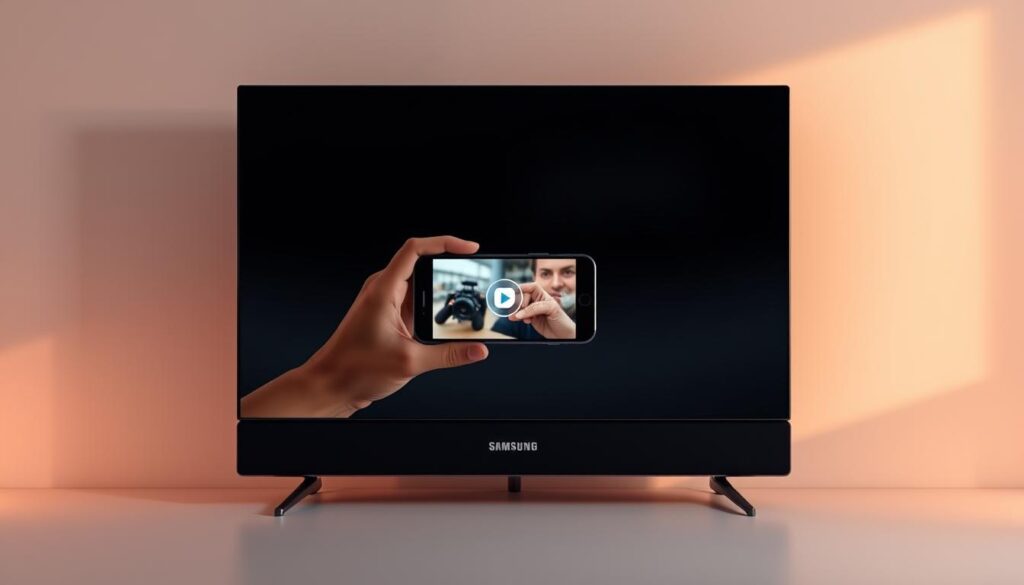 A sleek and modern Samsung Smart TV set against a minimalist background. The TV screen displays a mirrored image from a smartphone, showcasing the seamless AirPlay integration. The scene is bathed in a warm, soft lighting, creating a cozy and inviting atmosphere. The composition emphasizes the simplicity and convenience of the AirPlay mirroring feature, highlighting how it can elevate the viewing experience on a Samsung Smart TV.