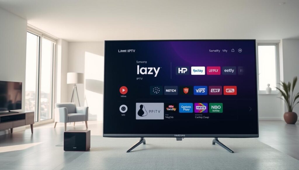 A sleek and modern Samsung Smart TV standing prominently in the center of the frame, its screen displaying the Lazy IPTV interface. The TV is positioned in a minimalist, well-lit living room setting, with clean, contemporary furnishings and a neutral color palette. Soft, diffused lighting from large windows casts a warm glow, highlighting the TV's sharp display and elegant design. The overall scene conveys a sense of simplicity, technology, and seamless integration, reflecting the ease of installing and using Lazy IPTV on a Samsung Smart TV.