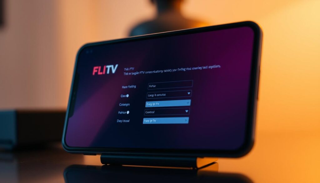 A sleek and modern configuration interface for the Flix IPTV service, prominently displayed on the screen of a high-end smartphone or tablet. The user interface features a clean, minimalist design with intuitive controls and options, allowing the viewer to easily navigate and customize their IPTV experience. The screen is bathed in a soft, warm lighting that creates a calm and inviting atmosphere, with subtle gradients and shadows adding depth and dimension to the digital elements. The overall composition conveys a sense of professionalism and sophistication, reflecting the high-quality nature of the Flix IPTV platform.