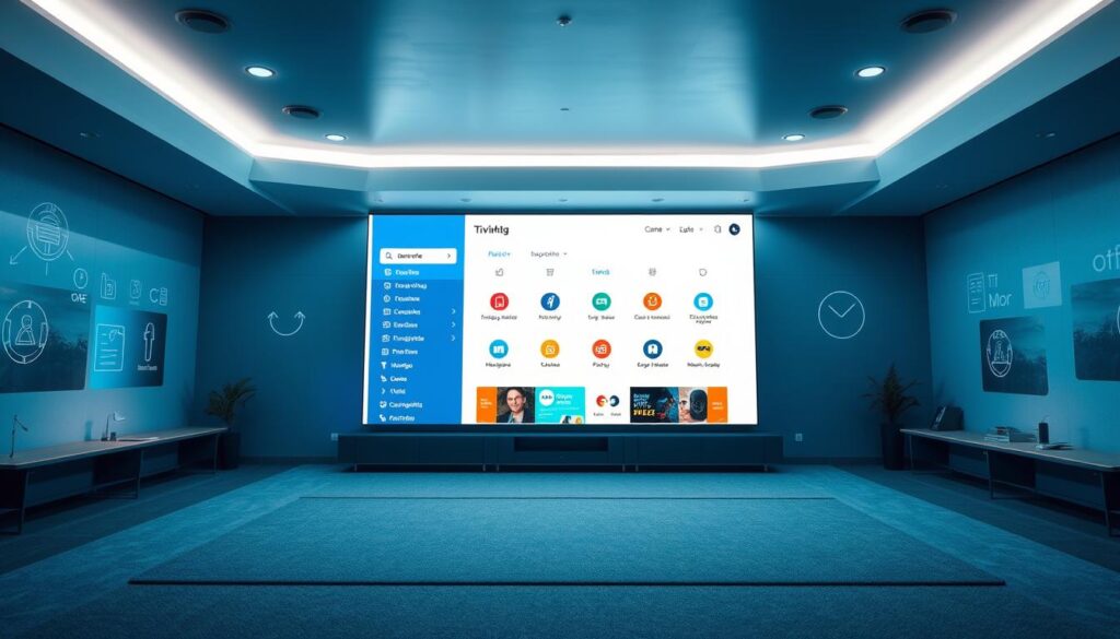 A sleek and modern electronic program guide for the TiviMate app, showcasing its intuitive interface and comprehensive features. The image should depict a clean, minimalist design with a large central display showcasing the app's user interface, surrounded by icons and graphics highlighting its key functionalities. The color palette should be a harmonious blend of blues, grays, and whites, conveying a sense of professionalism and digital sophistication. The lighting should be soft and evenly distributed, creating a visually appealing and welcoming atmosphere. The perspective should be a slightly elevated three-quarter view, allowing the viewer to appreciate the app's layout and overall design.