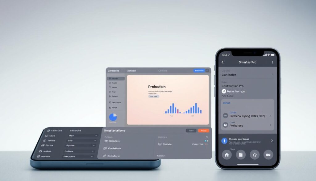 A sleek and modern iOS app interface showcasing the "Configuración Smarters Pro" dashboard. In the foreground, a clean and intuitive user interface with various settings and options neatly organized. The middle ground features a large, high-resolution preview window highlighting the app's functionality. The background is a subtle gradient, creating a sense of depth and sophistication. Soft, diffused lighting illuminates the scene, giving it a premium, Apple-esque aesthetic. The overall composition conveys a seamless, user-friendly experience for iOS device users.