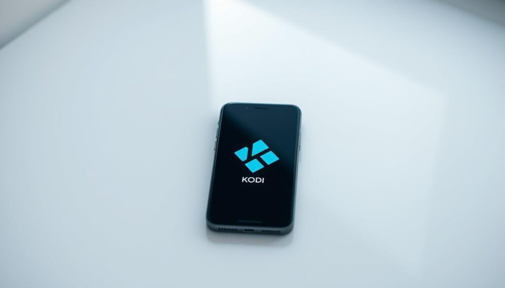 A sleek and modern iOS device, such as an iPhone or iPad, resting on a clean, white surface. The device's screen displays the Kodi logo prominently, highlighting the app's integration with the iOS platform. The background is filled with subtle, minimalist shapes and gradients, creating a sense of sophistication and technological elegance. The lighting is soft and diffused, casting gentle shadows that accentuate the device's elegant lines and curves. The overall composition conveys a sense of simplicity, functionality, and the seamless integration of Kodi into the iOS ecosystem.