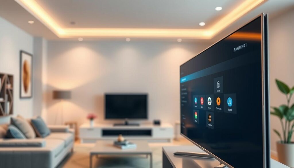 A sleek and modern installation setup for a Samsung smart TV, showcasing the GSE Smart IPTV interface. In the foreground, a close-up view of the smart TV screen displays the intuitive GSE Smart IPTV menu, with clear icons and user-friendly navigation. The middle ground features the smart TV device itself, with a minimalist design and premium finishes, seamlessly integrated into a minimalist living room setup. The background depicts a cozy, well-lit domestic environment, with warm lighting and neutral tones that create a inviting, high-end atmosphere. The overall scene conveys a sense of technological sophistication and seamless home entertainment experience.