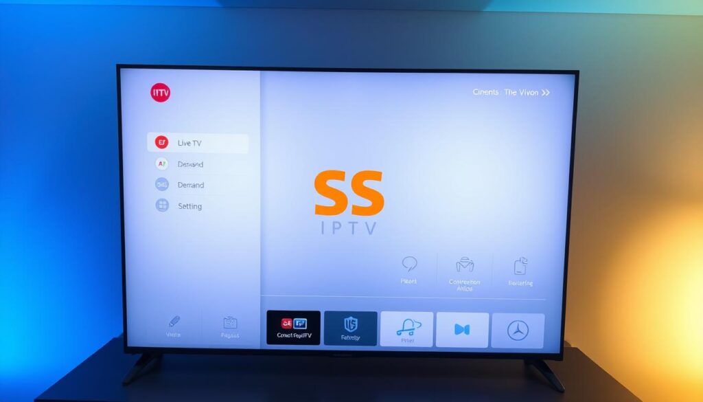 A sleek and modern smart TV interface, featuring the SS IPTV logo prominently displayed. The screen is filled with a clean, minimalist design, with intuitive menu options and icons. The layout is well-organized, with clear sections for live TV, on-demand content, and various customization settings. The overall aesthetic is polished and visually appealing, with a soft, neutral color palette and subtle lighting effects that create a warm and inviting atmosphere. The camera angle captures the interface from a slightly elevated perspective, showcasing the responsive and user-friendly layout.