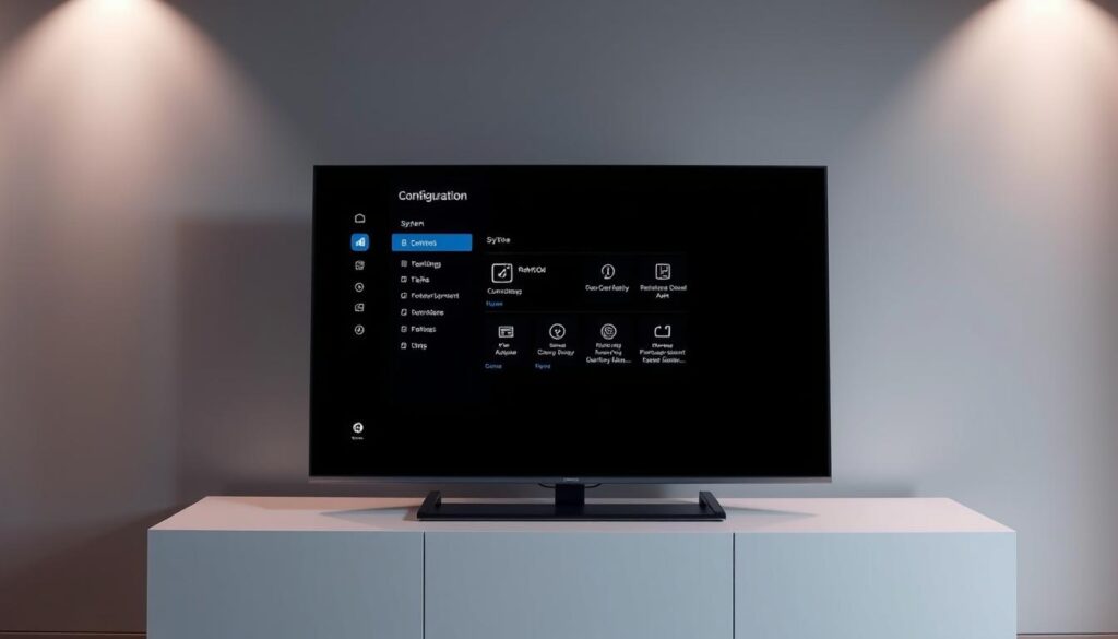 A sleek and modern smart TV setup, showcasing a clean and intuitive configuration interface. The screen displays a minimalist dashboard with connectivity options, app icons, and system settings. The TV stands atop a minimalist entertainment unit, with subtle accent lighting illuminating the scene. The background features a blurred, muted color palette, drawing the viewer's attention to the central TV display. The overall atmosphere is one of technological sophistication and user-friendly accessibility, capturing the essence of a smart TV ready for seamless integration into a home entertainment setup.