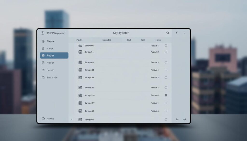 A sleek and modern user interface for playlist management in the SS IPTV app. A large central panel displays a neatly organized list of playlists, with clear icons and intuitive controls for managing, editing, and creating new playlists. The interface has a clean, minimalist design with muted colors and subtle gradients, creating a professional and polished look. In the background, a blurred cityscape or abstract geometric pattern provides a subtle visual backdrop, complementing the app's interface without distracting from the main functionality. The overall composition conveys a sense of efficiency, control, and ease of use for the playlist management features of the SS IPTV application.