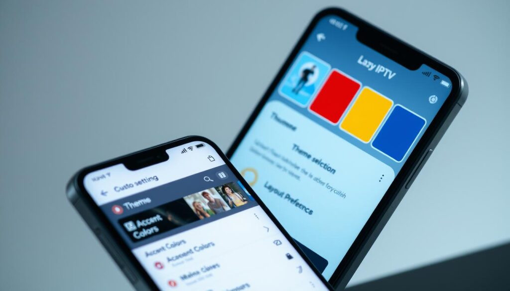 A sleek, customized Lazy IPTV app interface with a focus on personalization. The foreground features a smartphone display showcasing a clean and intuitive design, with easily accessible settings and controls. The middle ground depicts a variety of customization options, such as theme selection, accent colors, and layout preferences. In the background, a subtle pattern or texture provides a modern, minimalist aesthetic. The lighting is soft and balanced, highlighting the app's features and creating a sense of refinement. The angle is slightly angled, giving the image a dynamic and engaging perspective.