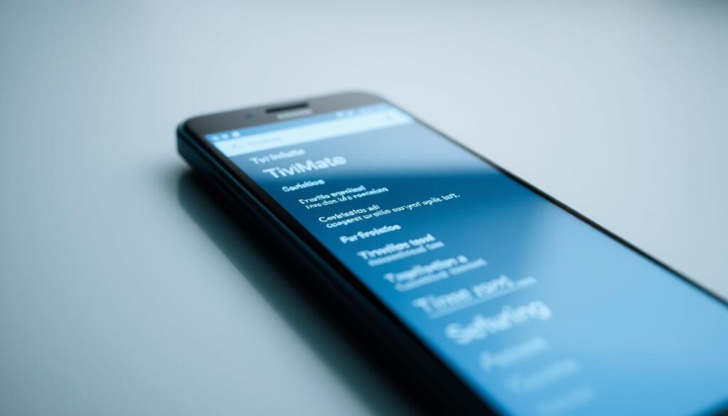 A sleek, high-resolution close-up view of an Android smartphone screen displaying the "TiviMate" app interface. The screen is brightly lit, with a clean, minimalist design showcasing the app's key features and settings. The background is a soft, blurred gradient, keeping the focus on the smartphone display. The overall atmosphere is one of simplicity, functionality, and technological sophistication, reflecting the "Requisitos previos para la instalación" section of the article.