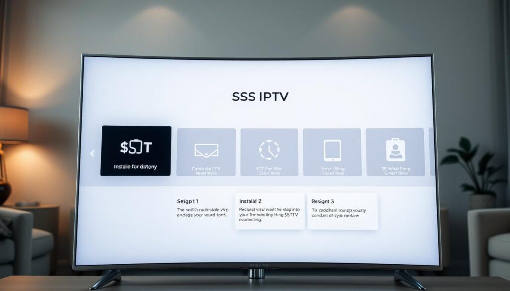 A sleek, high-tech smart TV interface with a clean, minimalist design showcasing the step-by-step process of installing the SS IPTV app. The foreground displays the app's user-friendly installation menu, featuring clear instructions and intuitive navigation. The middle ground highlights the TV's modern, curved display with a sophisticated, silver-gray tone. The background subtly suggests a cozy, living room setting, with hints of warm lighting and soft, neutral-toned furnishings, creating an inviting and user-friendly atmosphere. The overall composition conveys a sense of seamless technology integration and accessible, guided setup for the SS IPTV service on a Samsung Smart TV.