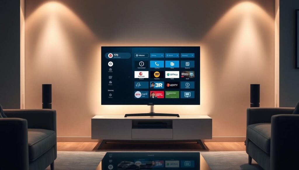 A sleek, minimalist Samsung Smart TV taking center stage, its display illuminated by soft, warm lighting. On the screen, a captivating user interface showcases the IPTV Player app, its intuitive menus and icons inviting the viewer to explore the world of internet-based television. The TV is situated in a modern, well-appointed living room, with clean lines and muted tones creating a serene, immersive atmosphere. The overall scene conveys the ease and convenience of installing and using the IPTV Player on a Samsung Smart TV, seamlessly blending technology and home decor.
