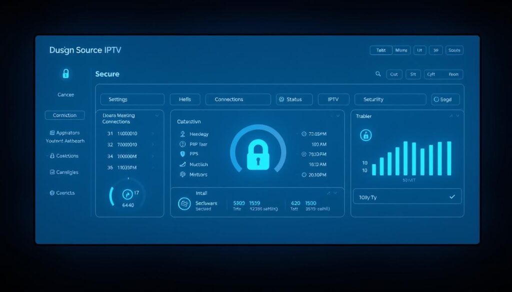 A sleek, minimalist digital dashboard displaying a secure IPTV configuration. The interface features a clean, modern layout with intuitive icons and metering for network settings, connection status, and security protocols. Soft blue and grey tones create a calming, professional ambiance, while subtle lighting and shadows add depth and dimension. The overall design conveys a sense of reliability, privacy, and technical sophistication, perfectly suited for illustrating a guide on secure IPTV setup.