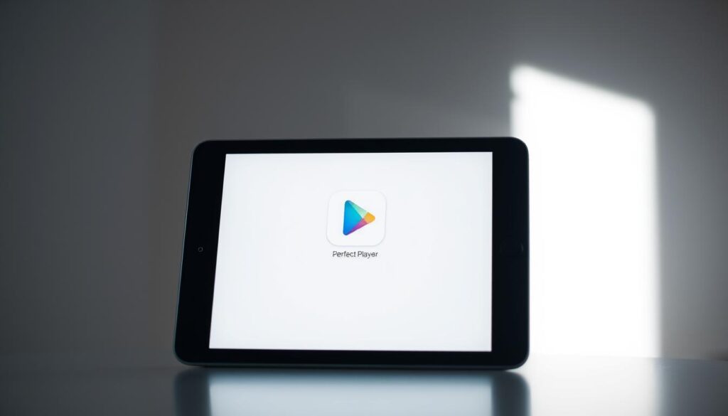 A sleek, minimalist iPhone or iPad screen displaying the Perfect Player app icon on a clean, white background. The app icon stands out prominently, its vibrant colors and intuitive design conveying the sophistication and functionality of the media player software. The scene is illuminated by soft, diffused lighting, creating a sense of depth and highlighting the elegant simplicity of the device and application. The composition is balanced and visually appealing, guiding the viewer's attention directly to the app icon and giving the impression of a high-quality, premium product ready for download from the App Store.