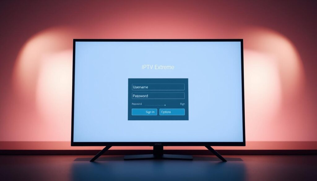 A sleek, minimalist login screen for the IPTV Extreme app, displaying a clean user interface against a soft, blurred background. The screen features a centralized login box with fields for username and password, along with buttons for signing in and accessing account options. The overall design conveys a sense of simplicity, professionalism, and ease of use, reflecting the intuitive nature of the IPTV Extreme application. Lighting is soft and directional, creating subtle shadows and highlights that enhance the visual interest and depth of the scene. The camera angle is slightly elevated, providing a clear, unobstructed view of the login interface.