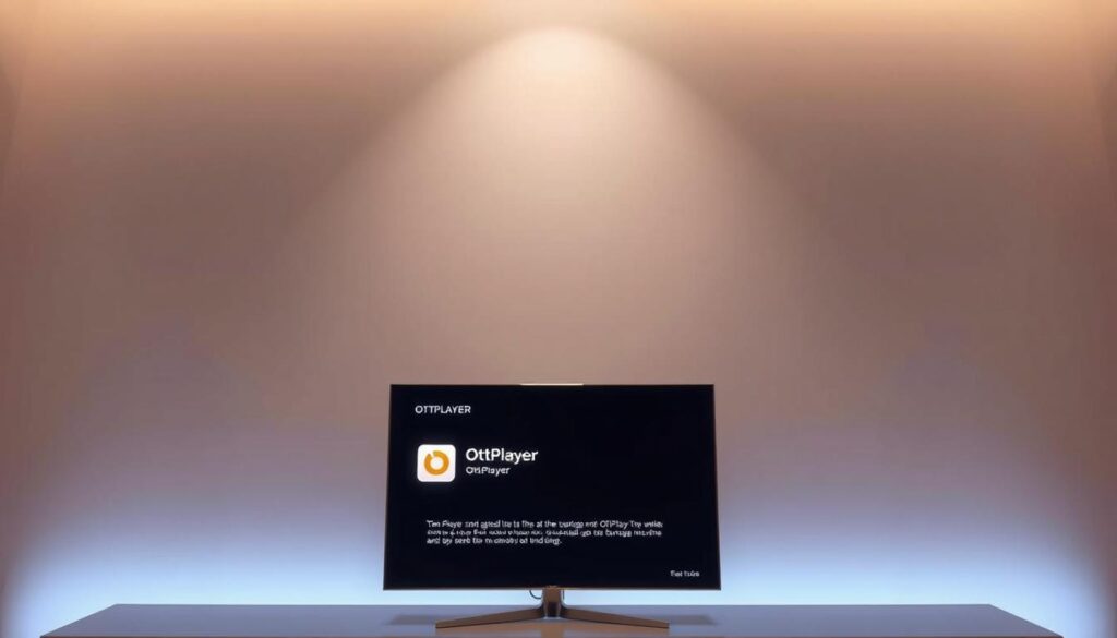 A sleek, modern Samsung Smart TV display showcasing the OttPlayer installation process. In the foreground, the Smart TV interface is prominently featured, with the OttPlayer app icon and installation menu clearly visible. The middle ground depicts a simplified 3D model of the Smart TV, allowing the viewer to understand the context. The background subtly fades into a soft, warm-toned environment, conveying a sense of ease and simplicity. Lighting is balanced, with a slight top-down directional light source, creating depth and highlighting the details. The overall composition and perspective guide the viewer's attention to the core installation steps, making the process intuitive and approachable.