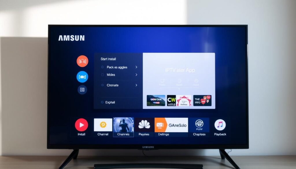 A sleek, modern Samsung Smart TV screen, its interface displaying the process of installing an IPTV player app. The foreground shows the TV's home screen with app icons, while the middle ground features a seamless integration of the IPTV player app, its user-friendly interface showcasing channel listings and playback controls. The background subtly fades into a neutral, minimalist setting, allowing the TV and app to take center stage. The lighting is natural and soft, creating a clean, inviting atmosphere. The composition is balanced, with the TV and app elements positioned to guide the viewer's eye and convey the ease of the installation process.