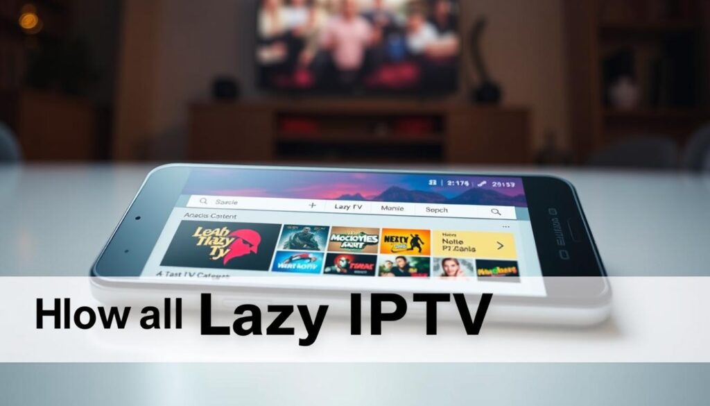 A sleek, modern android smartphone screen displays the Lazy IPTV app interface. The app's clean, minimalist design features a prominent search bar and various categorized content options. Warm, ambient lighting illuminates the scene, creating a cozy, inviting atmosphere. The device is placed on a clean, uncluttered surface, allowing the app's interface to be the central focus. The perspective is slightly angled, giving the image a dynamic, engaging composition. The overall tone is professional and informative, suitable for illustrating a step-by-step guide on how to install the Lazy IPTV app on an android device.