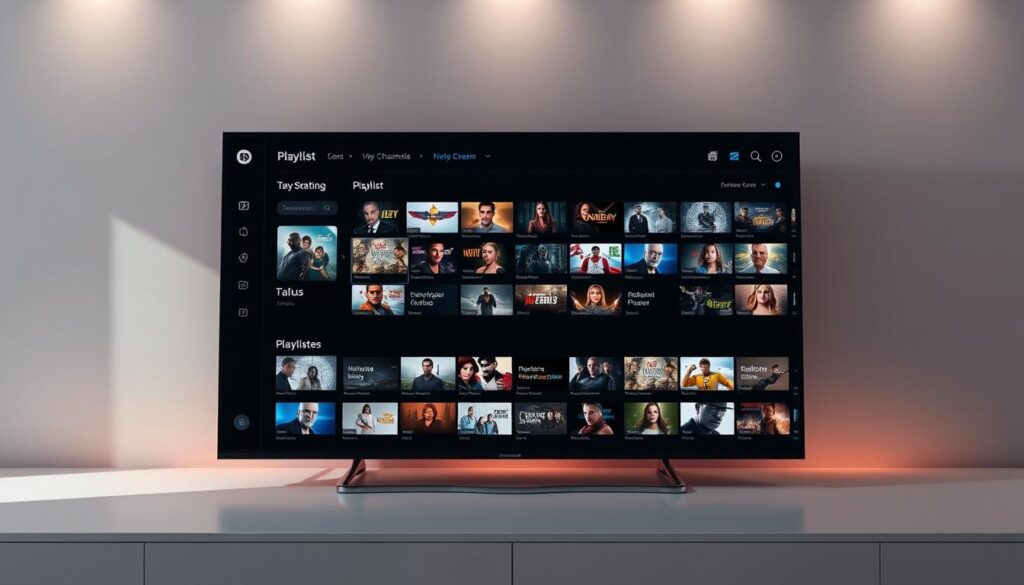 A sleek, modern dashboard displaying a carefully curated IPTV playlist. The interface features a clean, minimalist design with intuitive controls and a clear, organized layout. The playlist is showcased prominently, with high-definition thumbnails and titles of each channel, allowing for easy navigation. The background has a subtle, gradient-based aesthetic, creating a sense of depth and sophistication. Soft, indirect lighting illuminates the scene, enhancing the overall polished and professional appearance. The composition is balanced, with the playlist taking center stage, surrounded by negative space to draw the viewer's focus. This image perfectly captures the essence of the "Configuración inicial y añadido de tu playlist" section, providing a visually compelling representation of the IPTV setup process.