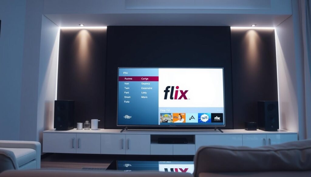 A sleek, modern home entertainment setup featuring a smart TV display showcasing the Flix IPTV service interface. The screen is prominently positioned, with a clean, minimalist design highlighting the Flix IPTV logo and menu options. The surrounding environment is a minimalist, well-lit living room, with subtle lighting accents and modern furniture creating a sophisticated, tech-savvy atmosphere. The camera angle is slightly elevated, capturing the setup at an eye-level perspective, inviting the viewer to imagine themselves interacting with the system. The overall mood is one of efficiency, simplicity, and technological integration, reflecting the "Configuración y optimización del servicio Flix IPTV" theme.